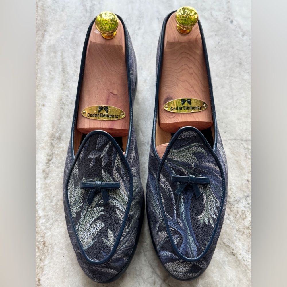 Belgian Shoes Midinette Slipper Blue Leather Loafer 7 Flat Bow Floral Paisley